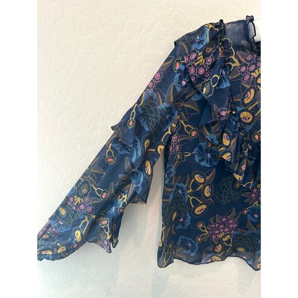 TED BAKER LONDON | Navy Romantic Floral Ruffle Sheer Blouse Top | Size 0 (2) - Picture 3 of 6